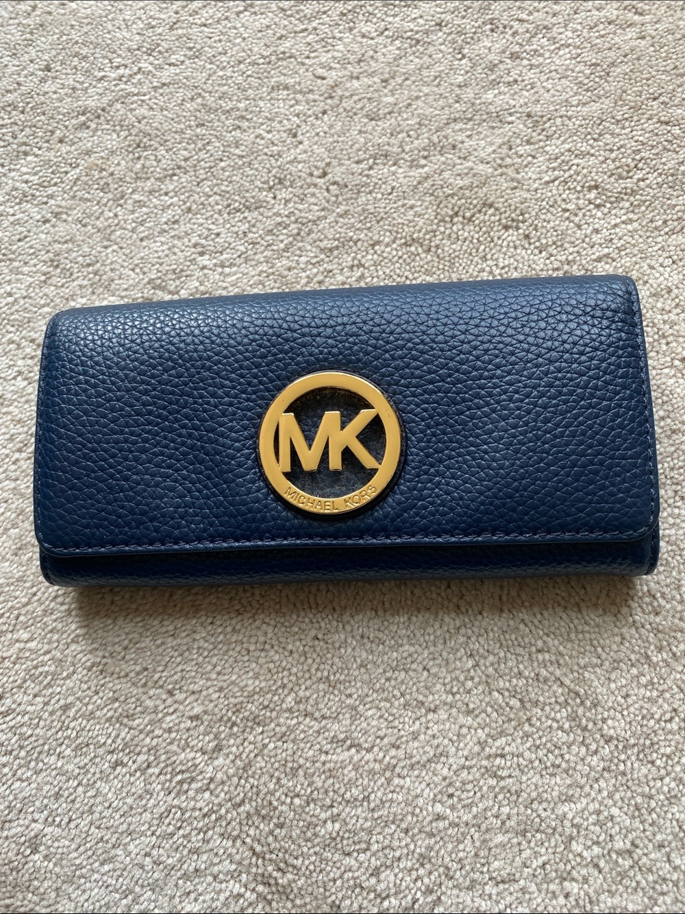 Michael Kors Navy Pebbled Leather Continental Wallet with Gold MK Medallion